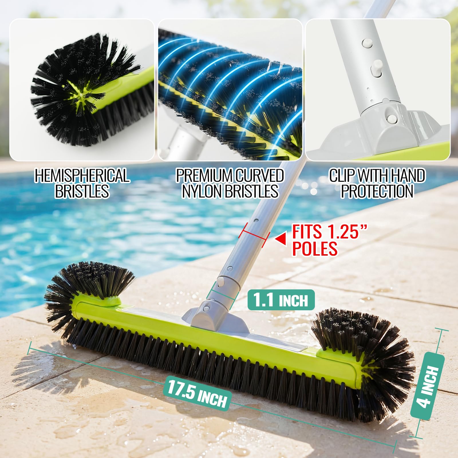 OSAMEDA brush head next to pole demonstrating scale and ergonomic handling