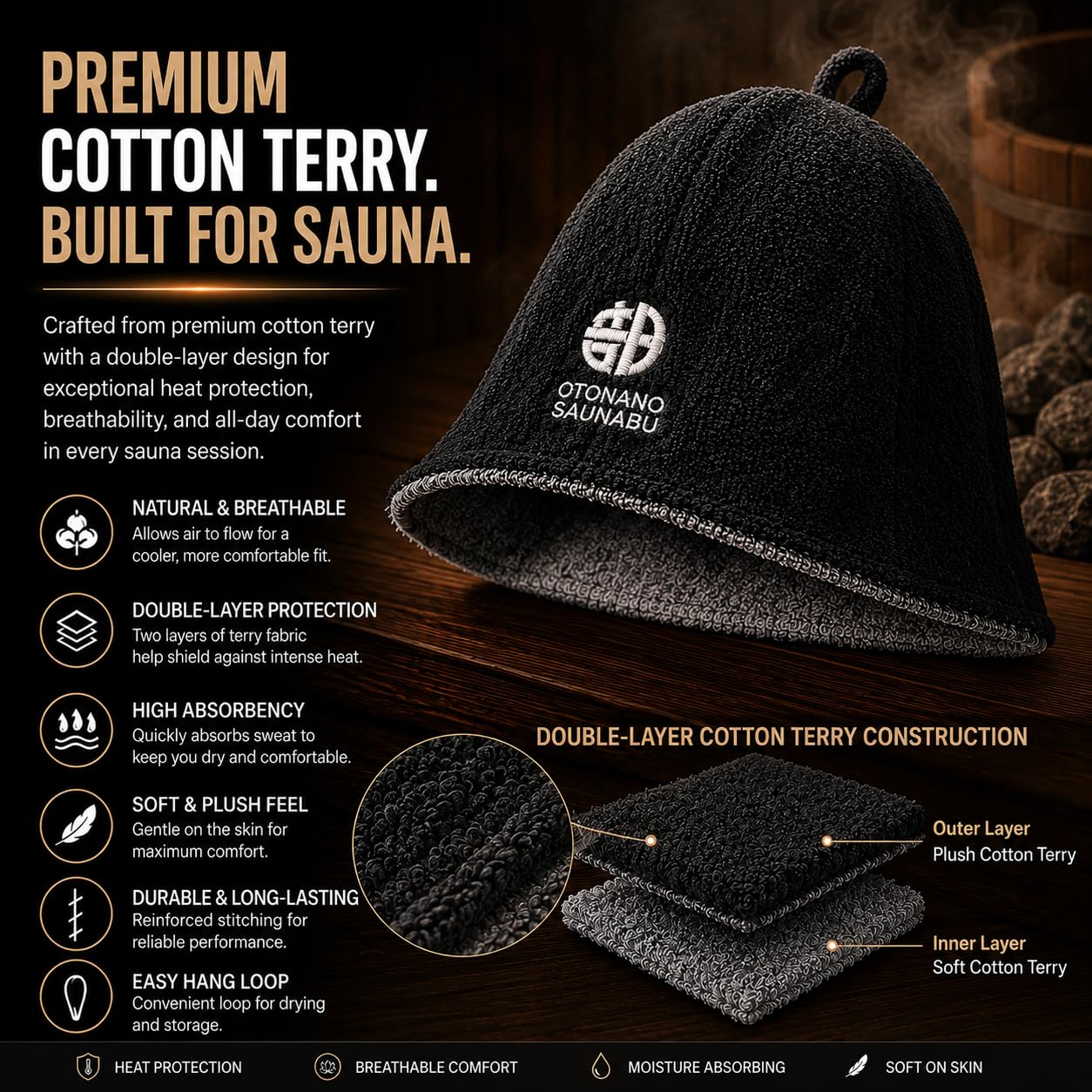 OTONANOSAUNABU in use in a sauna demonstrating heat protection benefit