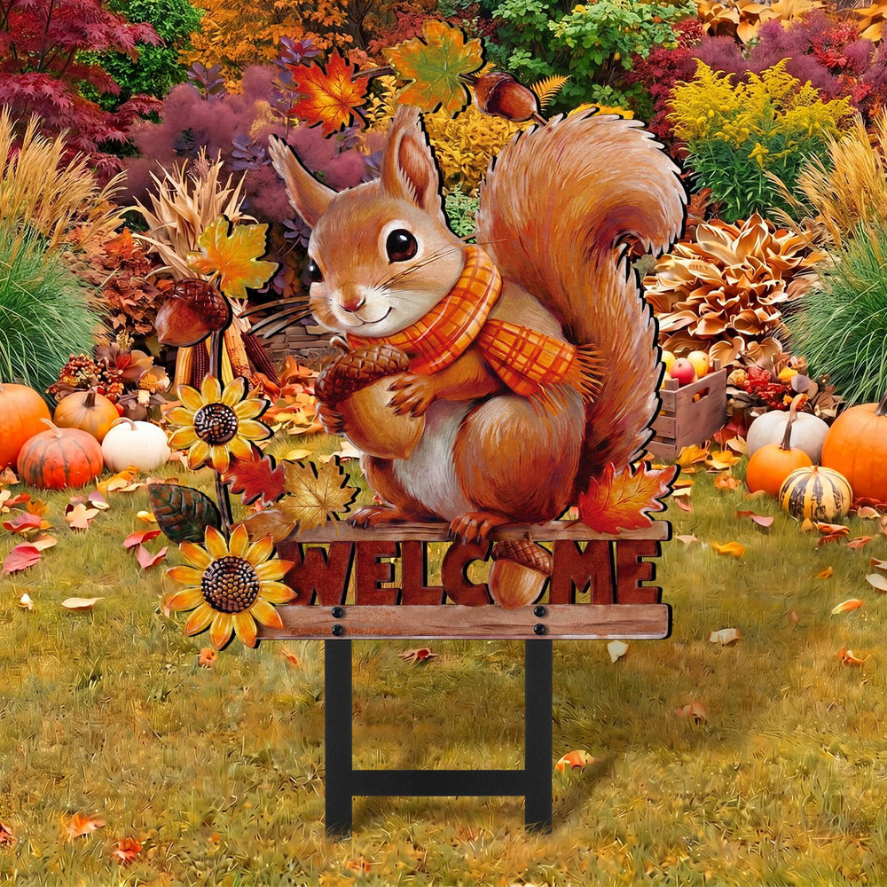Otoolling squirrel stake on a porch at dusk creating warm festive curb appeal