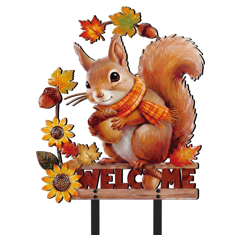 Otoolling squirrel stake front view showing colorful autumn cutout and welcoming effect