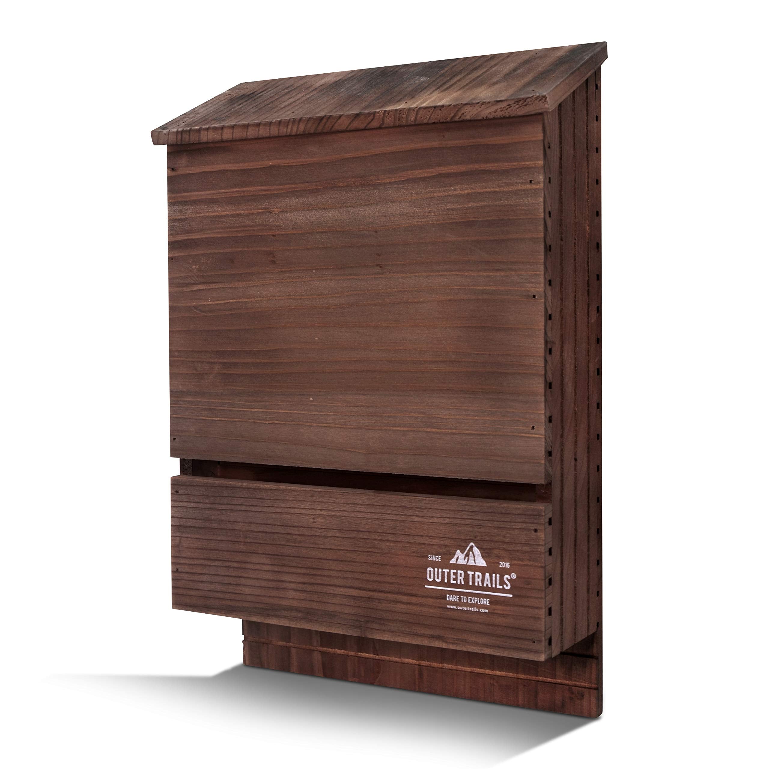 Outer Trails bat house front view showing brown cedar and two-chamber entrance for shelter benefits