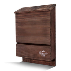 Outer Trails bat house front view showing brown cedar and two-chamber entrance for shelter benefits