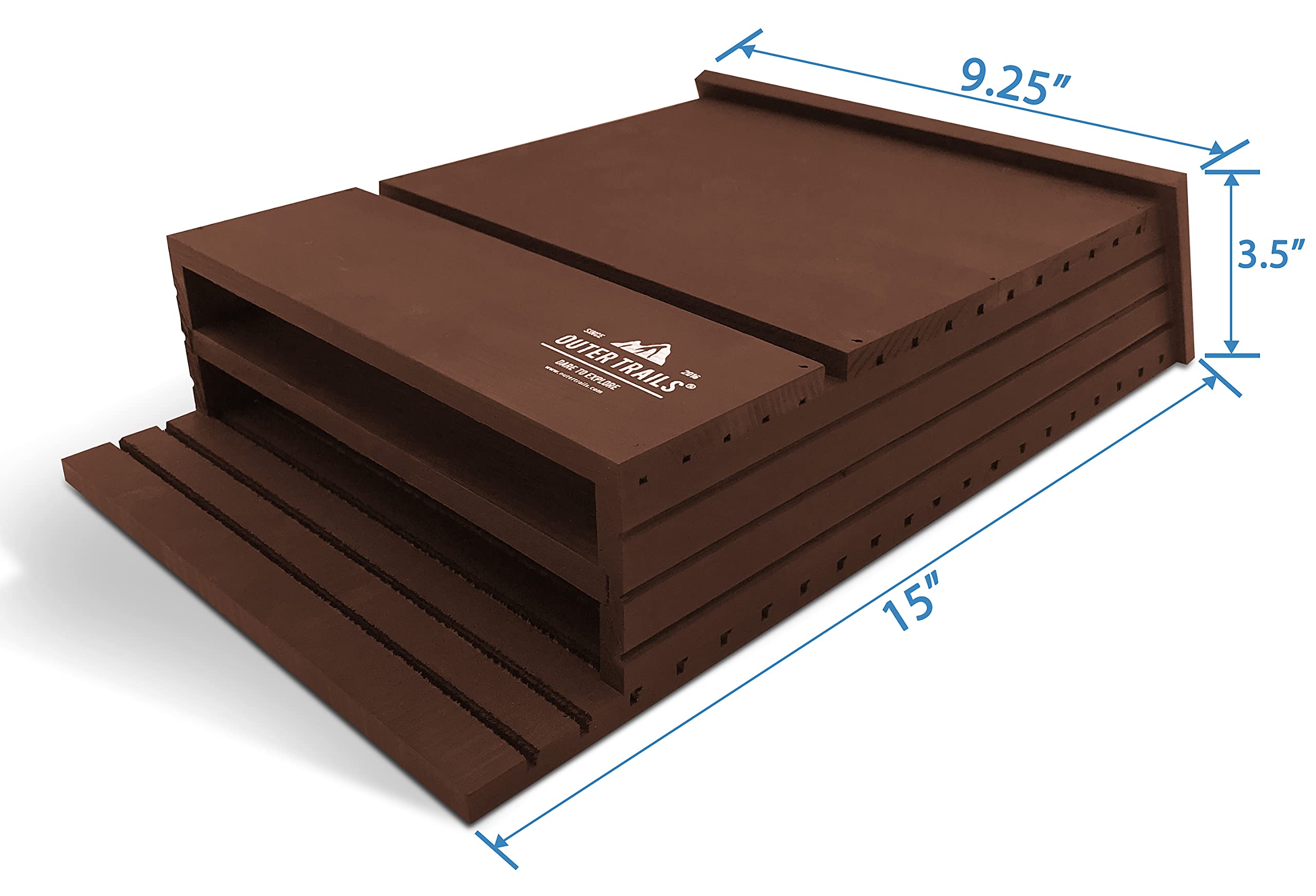 Outer Trails bat house next to ruler showing 15-inch height for size and placement clarity