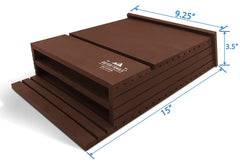 Outer Trails bat house next to ruler showing 15-inch height for size and placement clarity