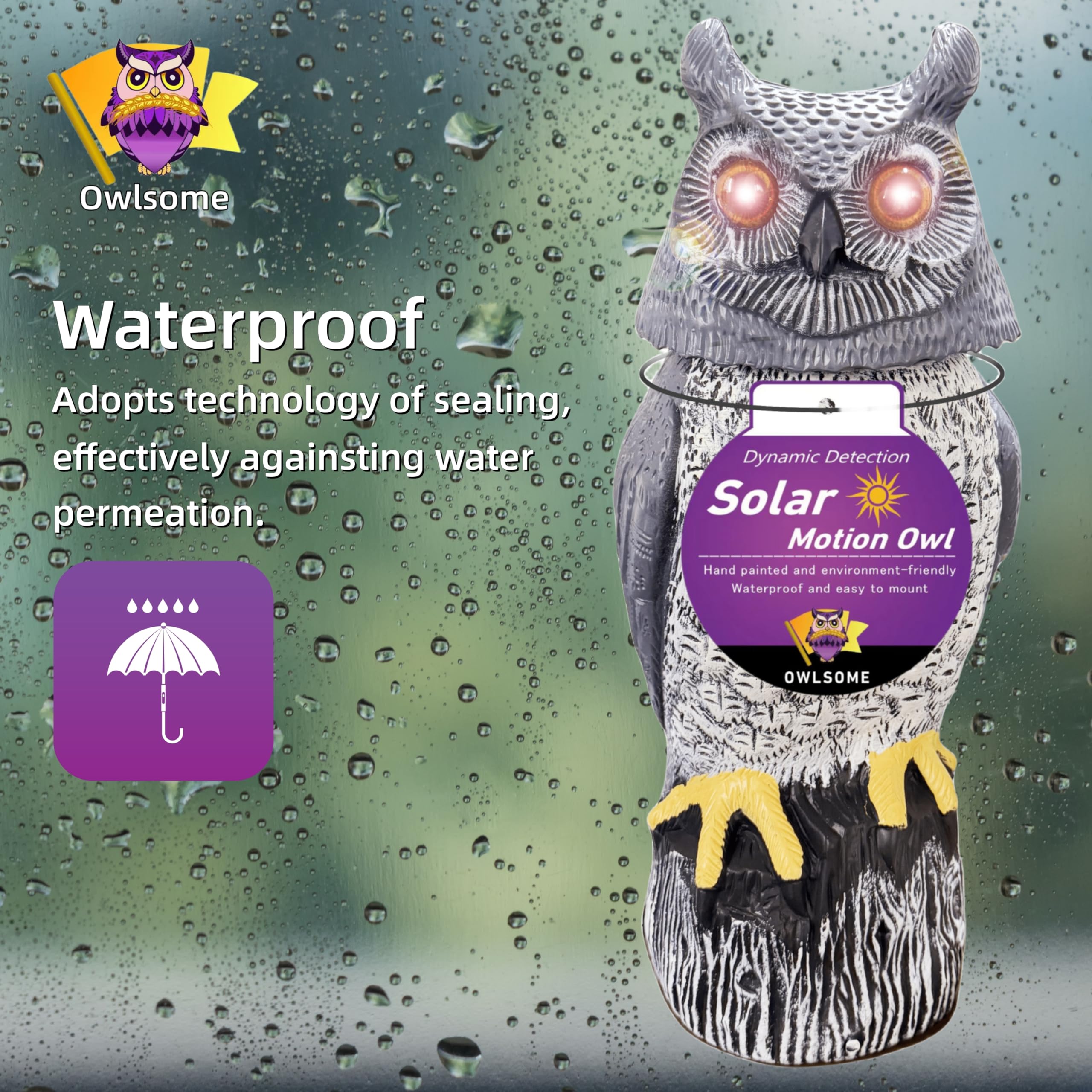 Owlsome colored flashing eyes lit at night adding visibility and deterrent effect
