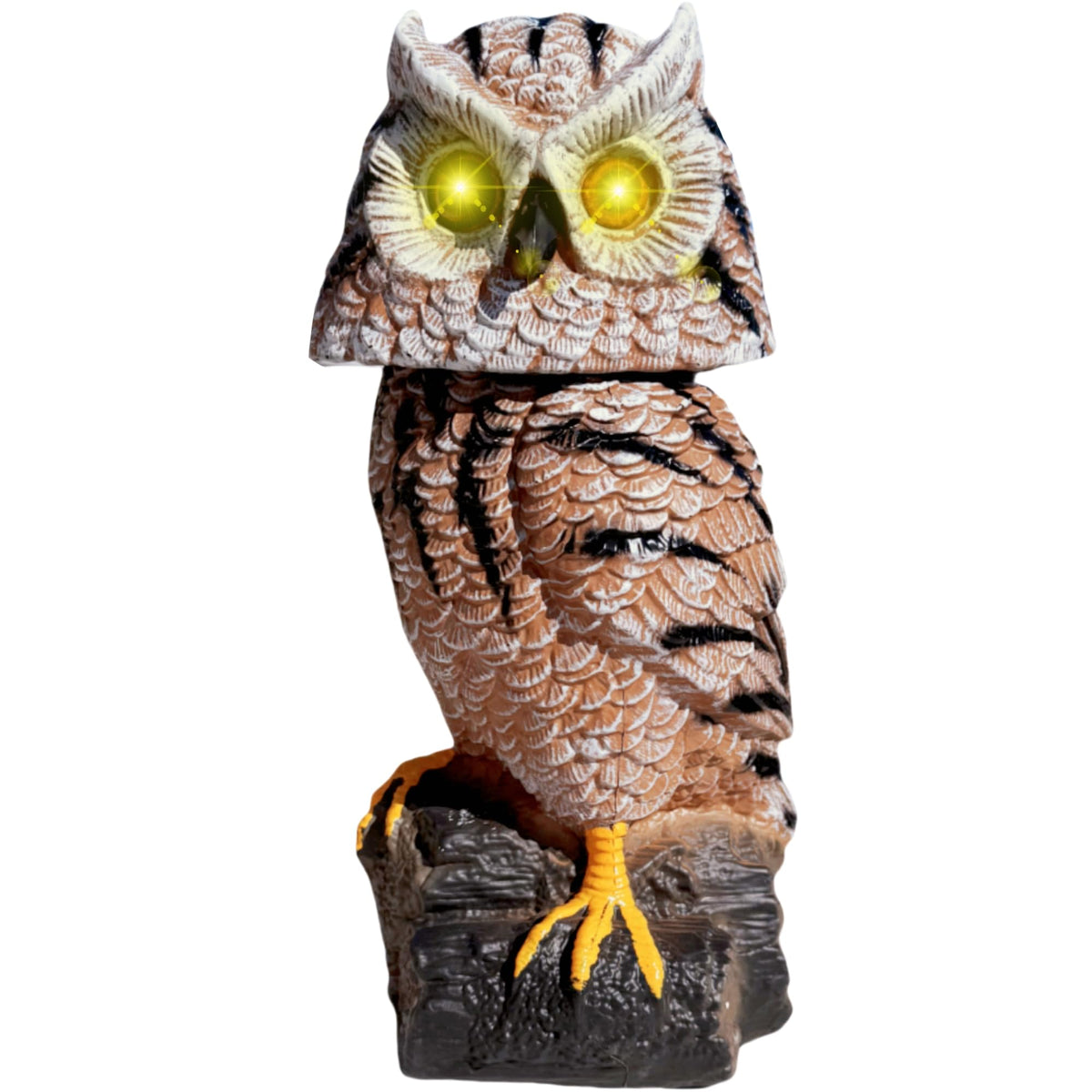 Owlsome tiger owl front view showing realistic look and motion deterrent benefit