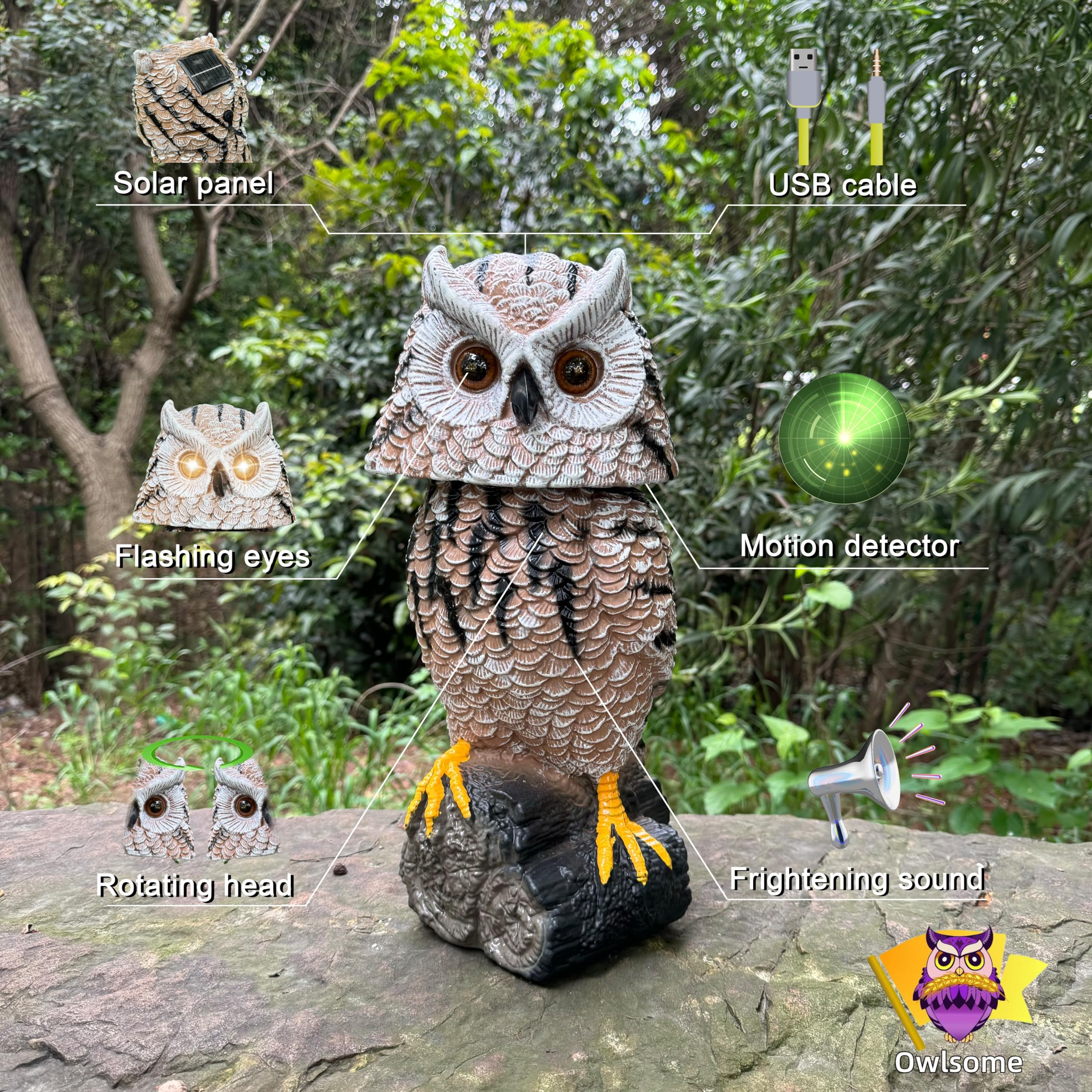 Owlsome owl placed in garden demonstrating motion detection and pest-deterrent benefit