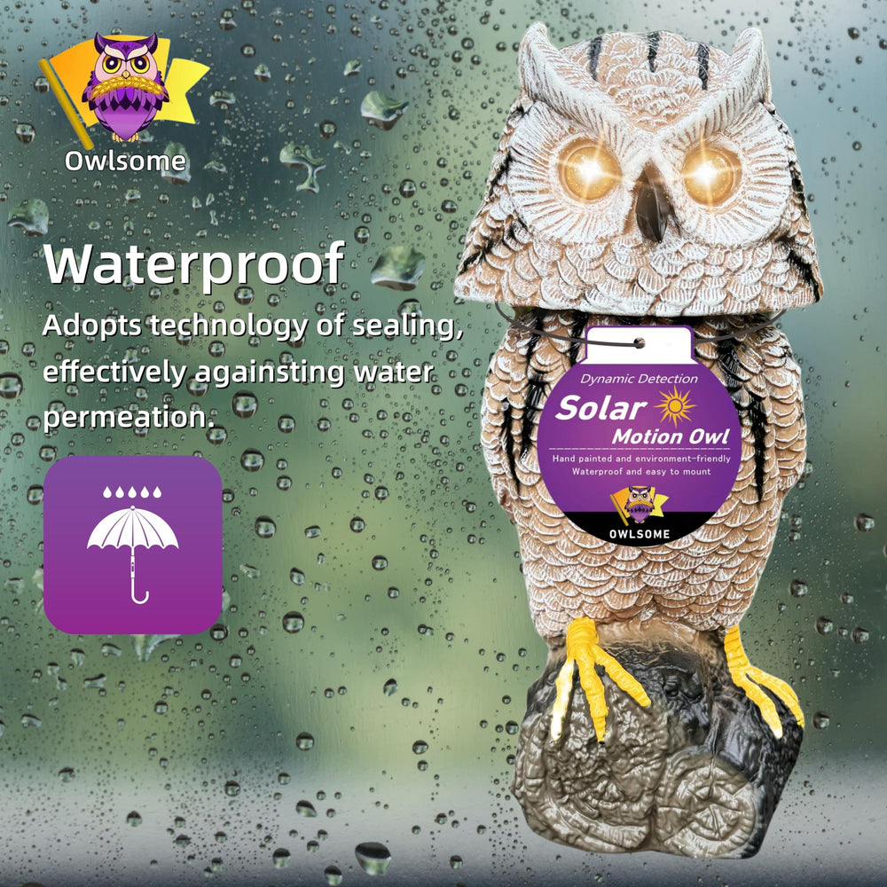 Owlsome owl next to ruler showing life-sized dimensions and easy-placement benefit