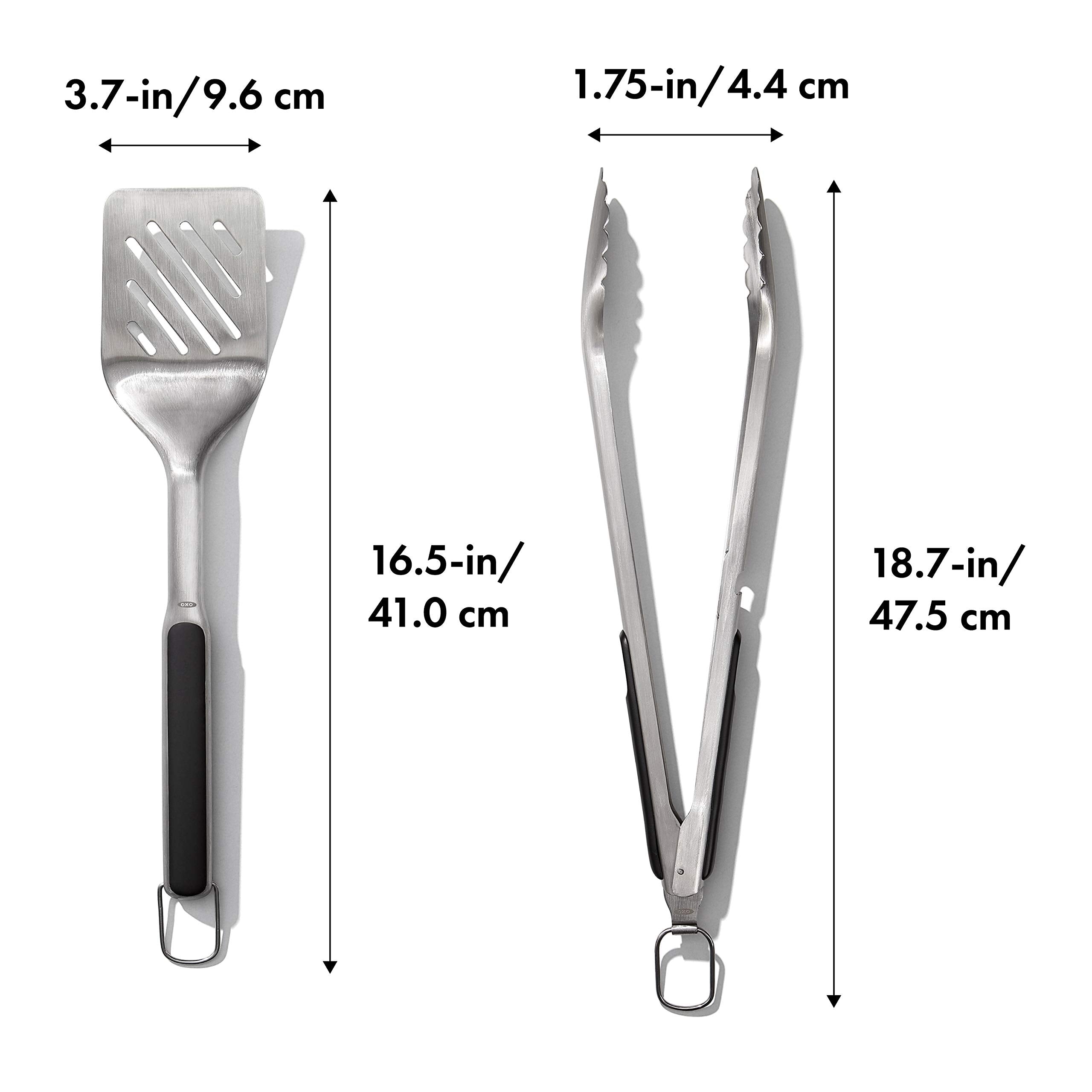 OXO tongs front view showing long arms for safe handling