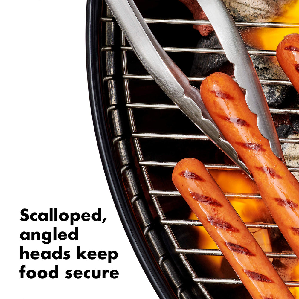 OXO tongs scalloped edge close-up showing secure grip benefit