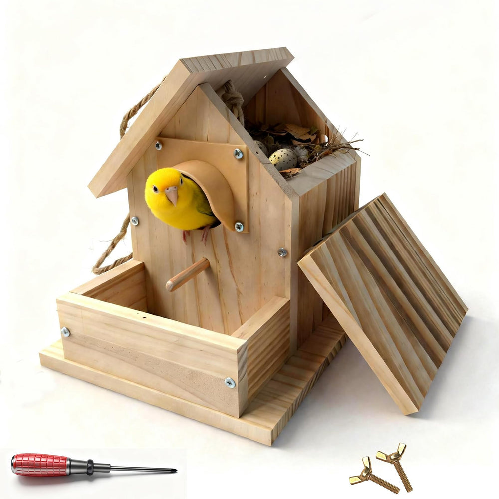 Paiaojia front view hanging bird house showing cedar exterior and entrance benefit shelter