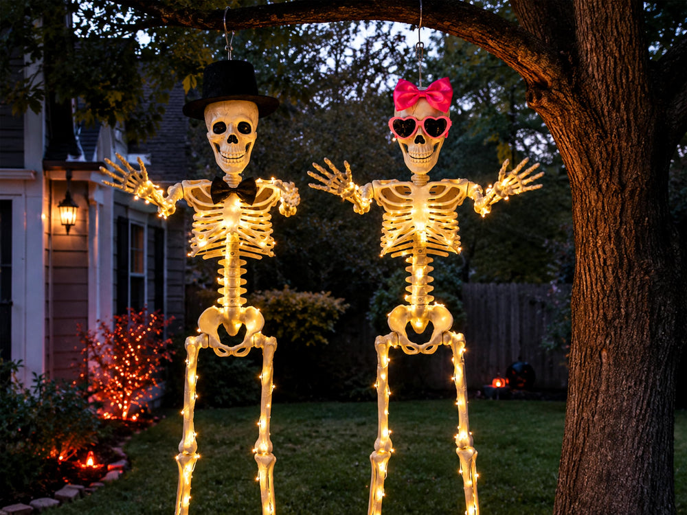 Parsin nighttime yard scene with glowing skeletons creating eye-catching curb appeal