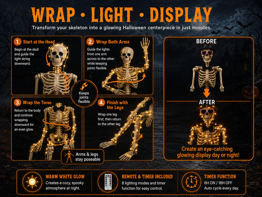 Parsin posed skeletons on porch with lights on creating festive atmosphere