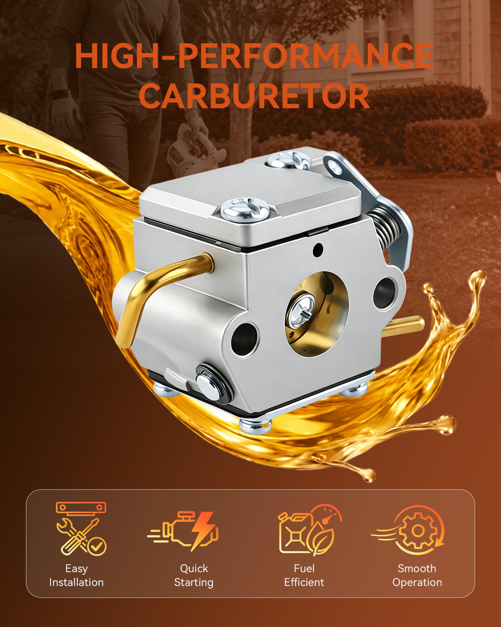 partszen carburetor full kit laid out including spark plug, filter and fuel lines for convenience