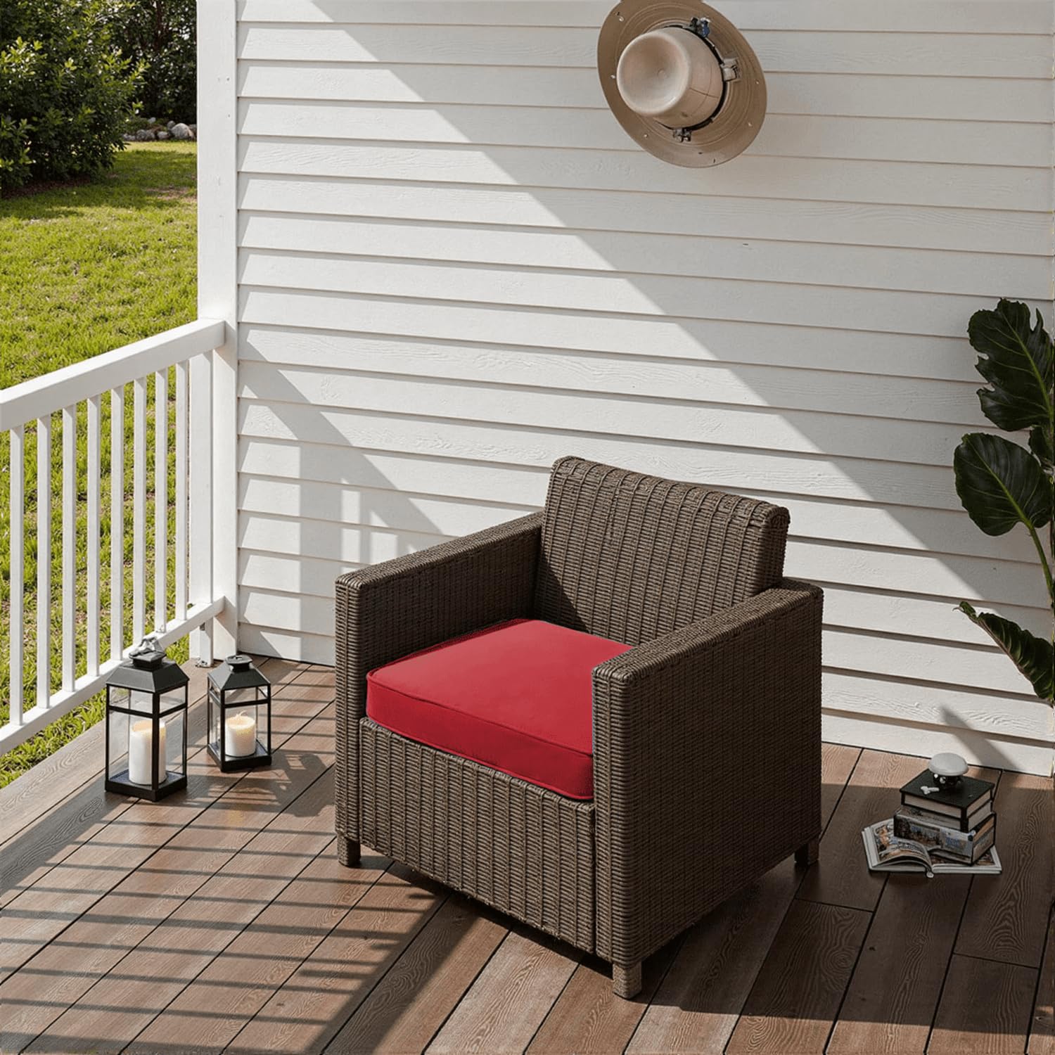 PatioGlow red cushions on patio sofa in outdoor setting enhancing comfort and curb appeal