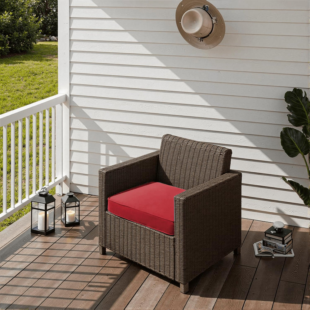 PatioGlow red cushions on patio sofa in outdoor setting enhancing comfort and curb appeal