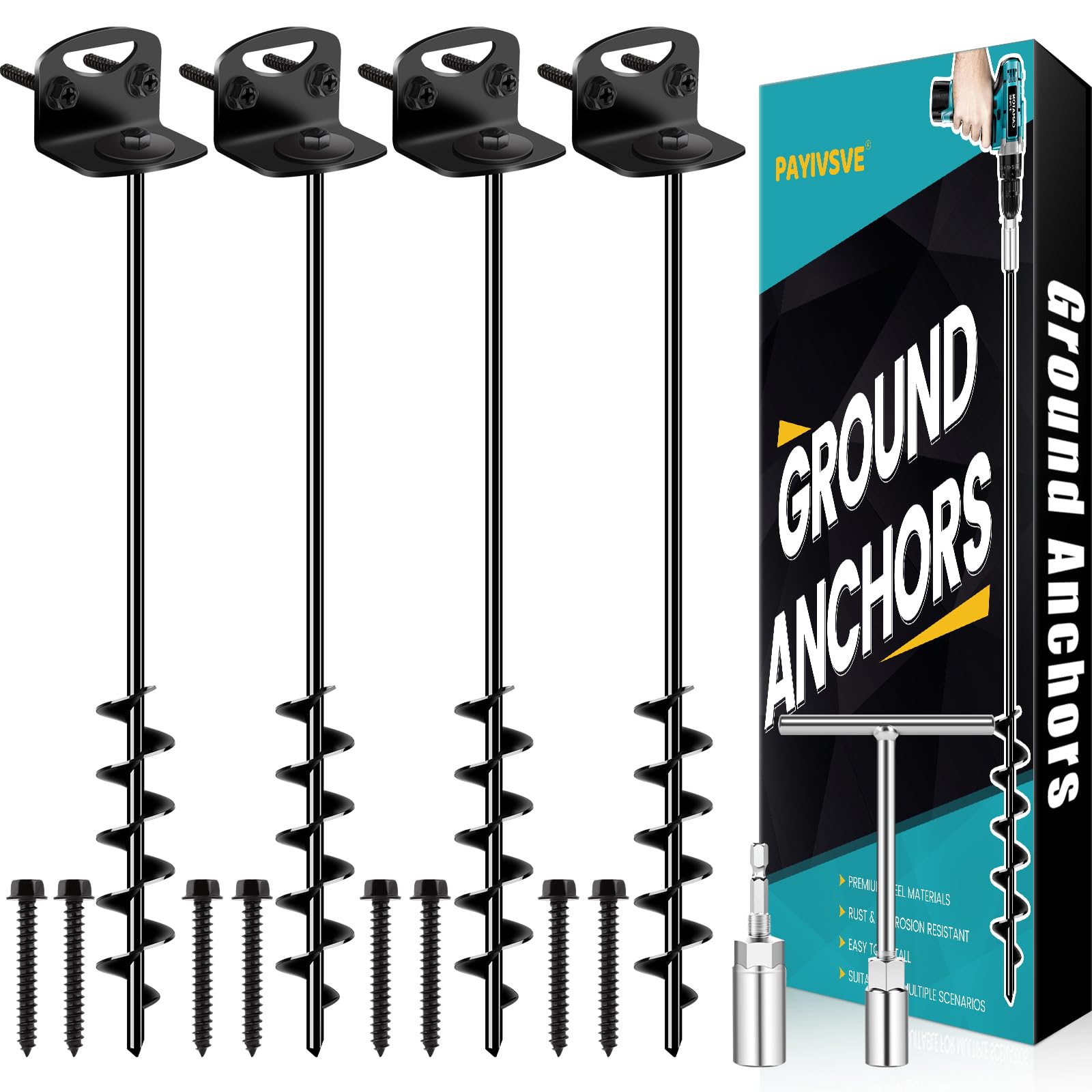 Payivsve front packaging showing 25-inch anchors and kit contents for quick setup