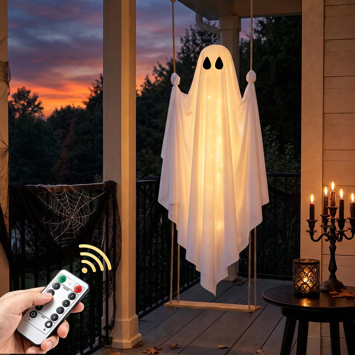pearlstar front view of hanging swing ghost creating instant spooky curb appeal