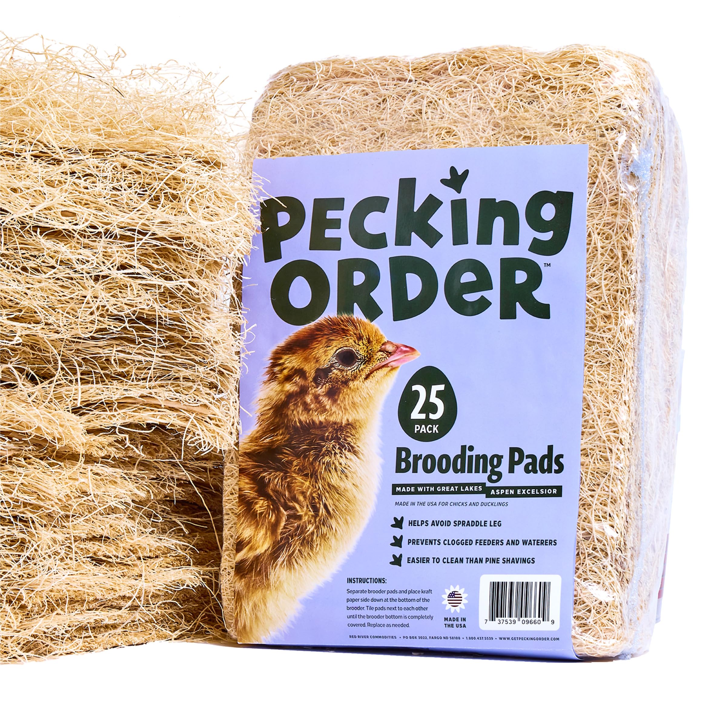 Pecking Order brooder pad front packaging showing low-dust hatchery-style bedding