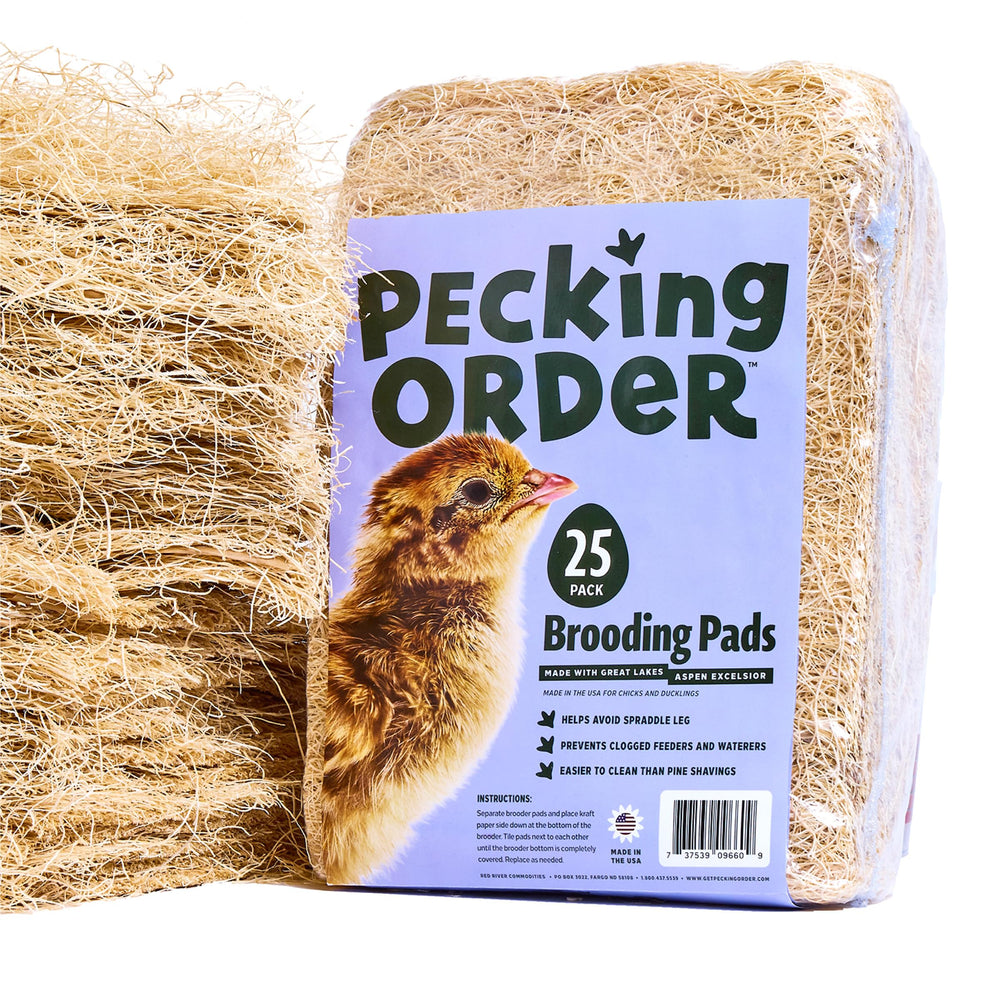 Pecking Order brooder pad front packaging showing low-dust hatchery-style bedding