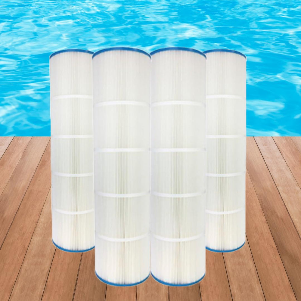 Pentair four cartridges staged near a filter system showing convenience and supply