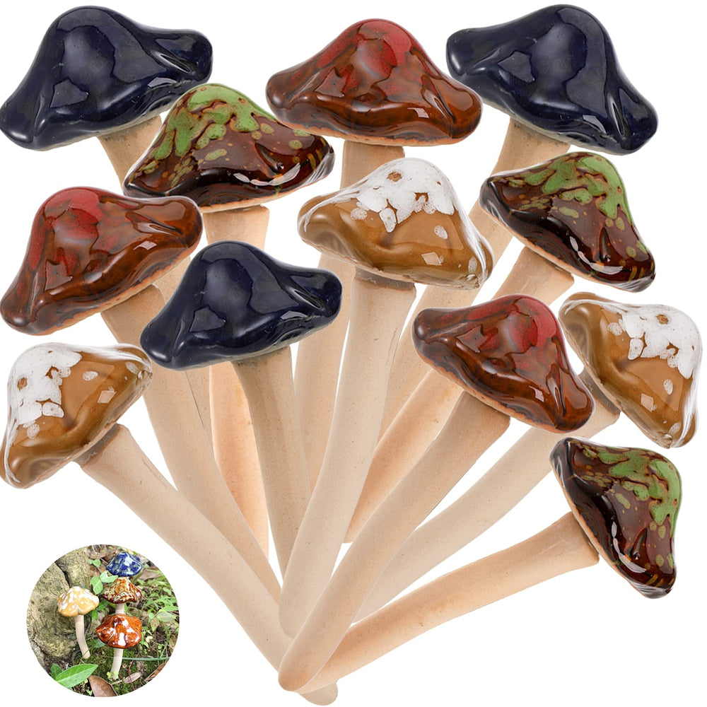 Peohud ceramic mushrooms front group showing colorful caps and tidy arrangement benefit: vibrant decoration