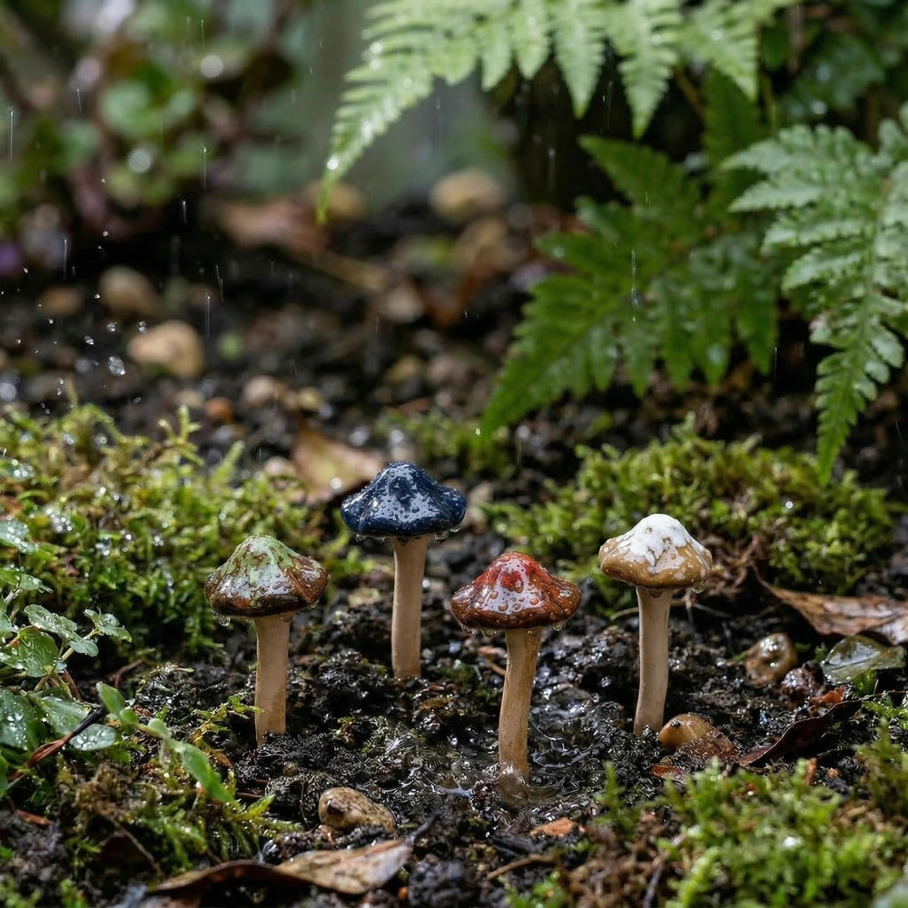 Peohud ceramic mushrooms in a garden lifestyle scene benefit: whimsical outdoor decor