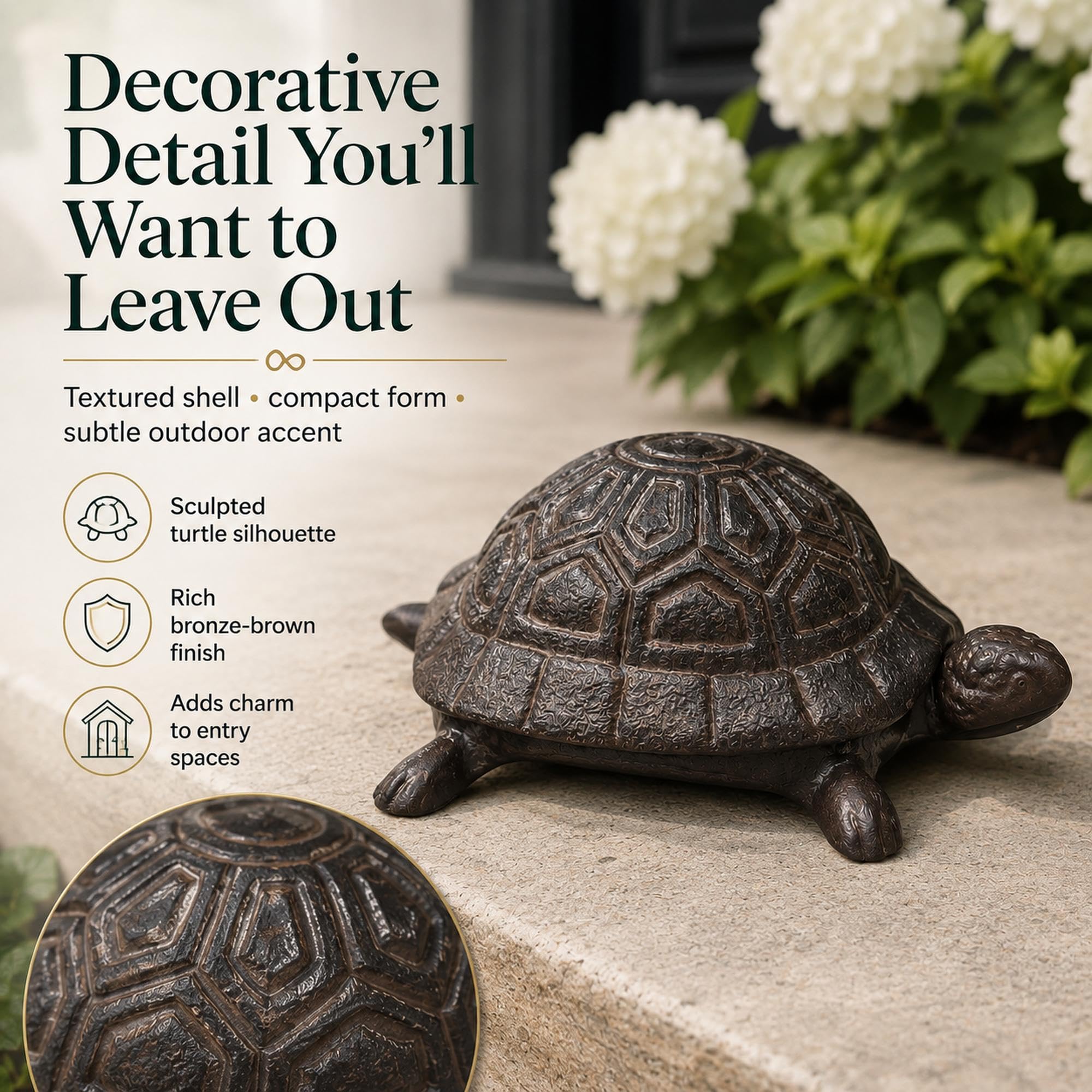 Pesilo turtle beside a hand showing scale and realistic garden blending benefit