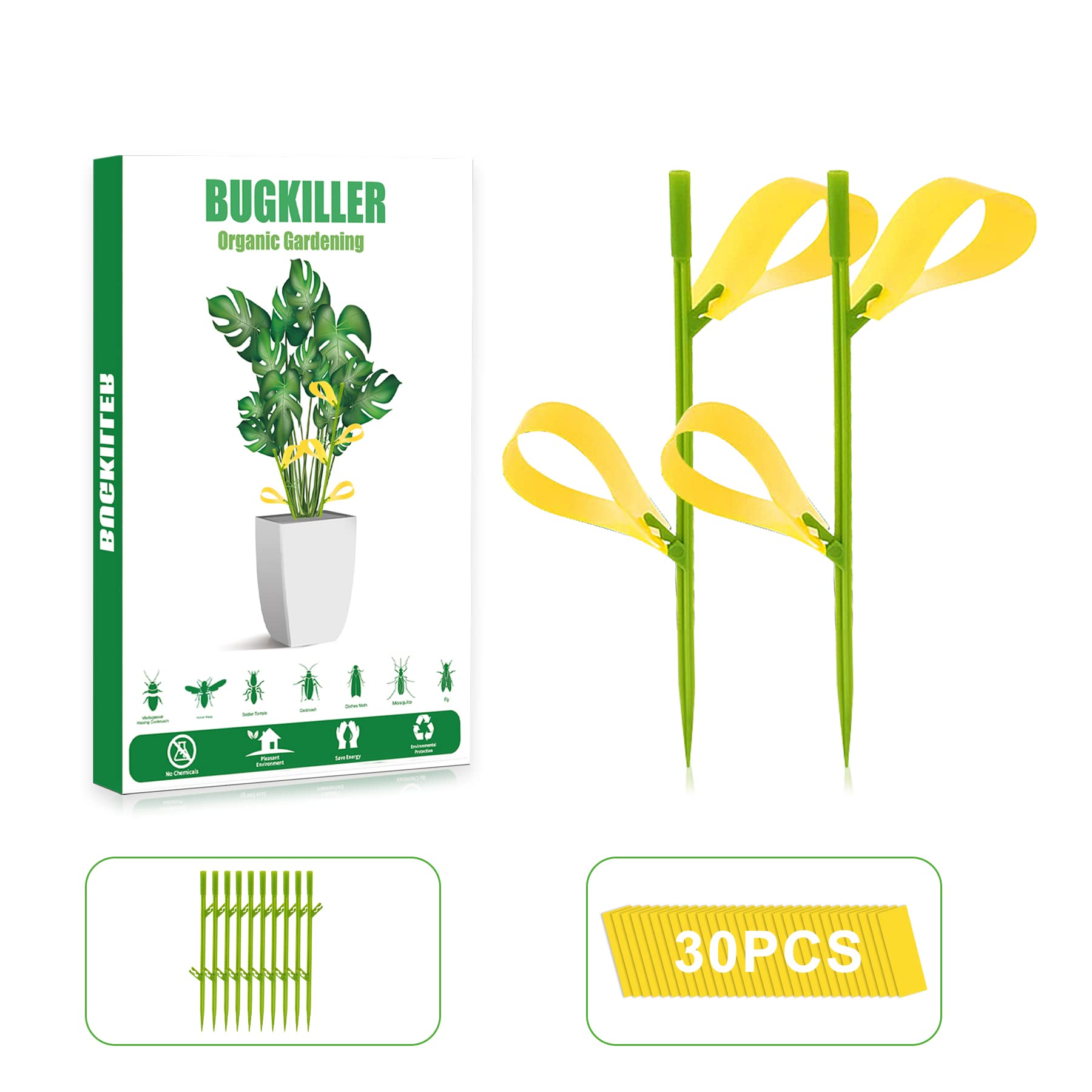 PESTCON front packaging showing 30 sticky traps and stakes, clear contents benefit