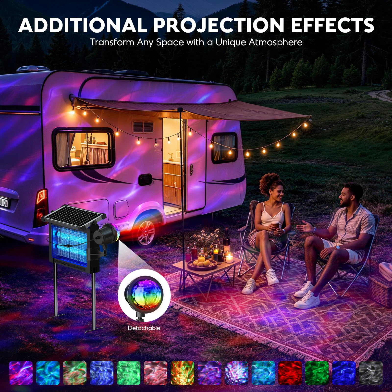 PhatroyYee projector light illuminated on patio at night, provides ambient lighting and pest control