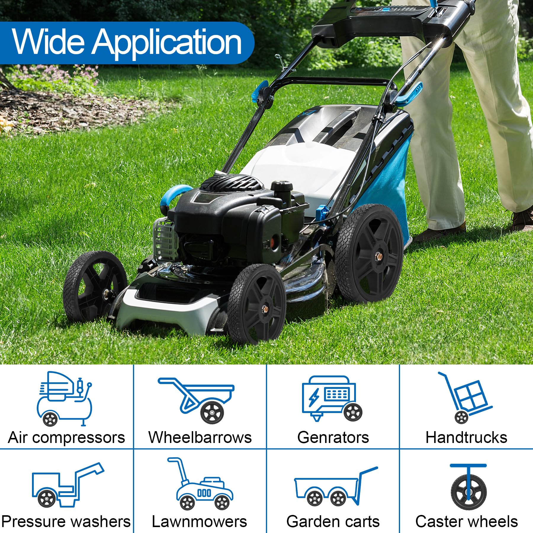 phepetroll wheels in backyard setting highlighting durable PVC and improved mowing efficiency