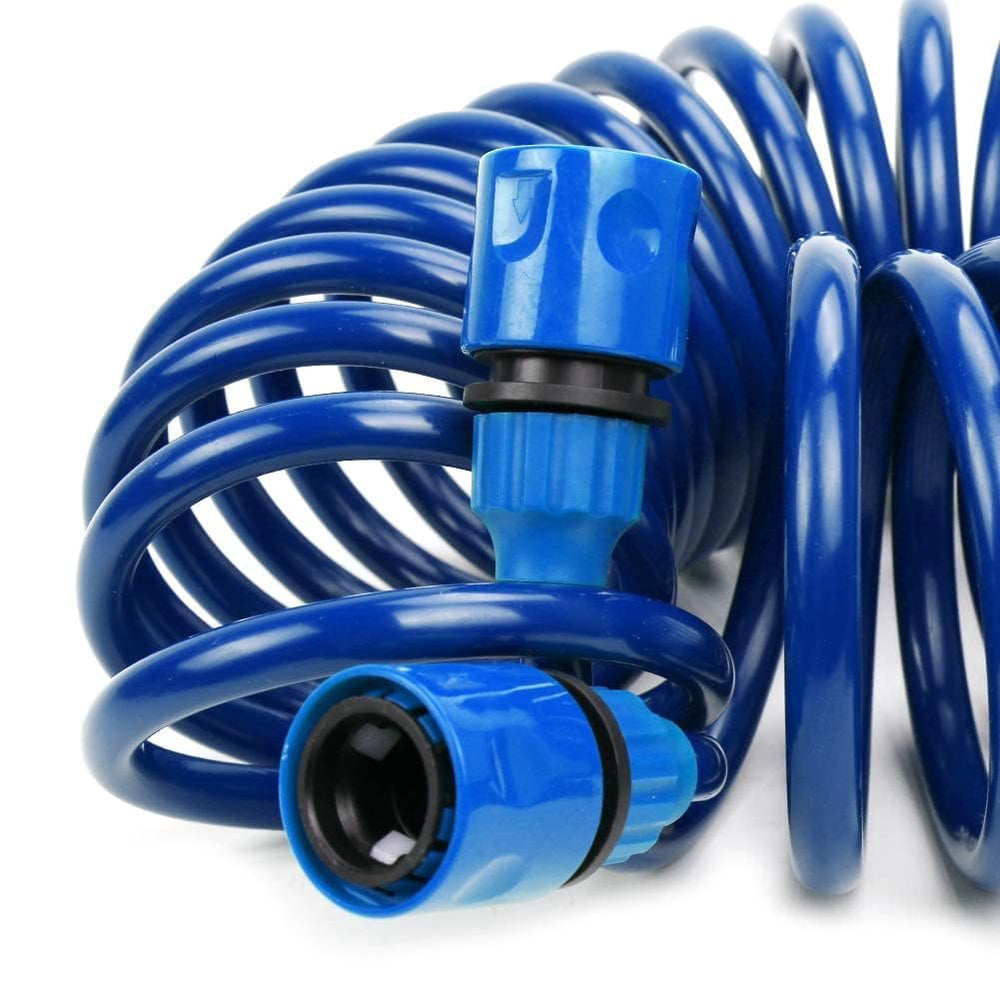 PiscatorZone coiled hose hanging on hook demonstrating space-saving storage