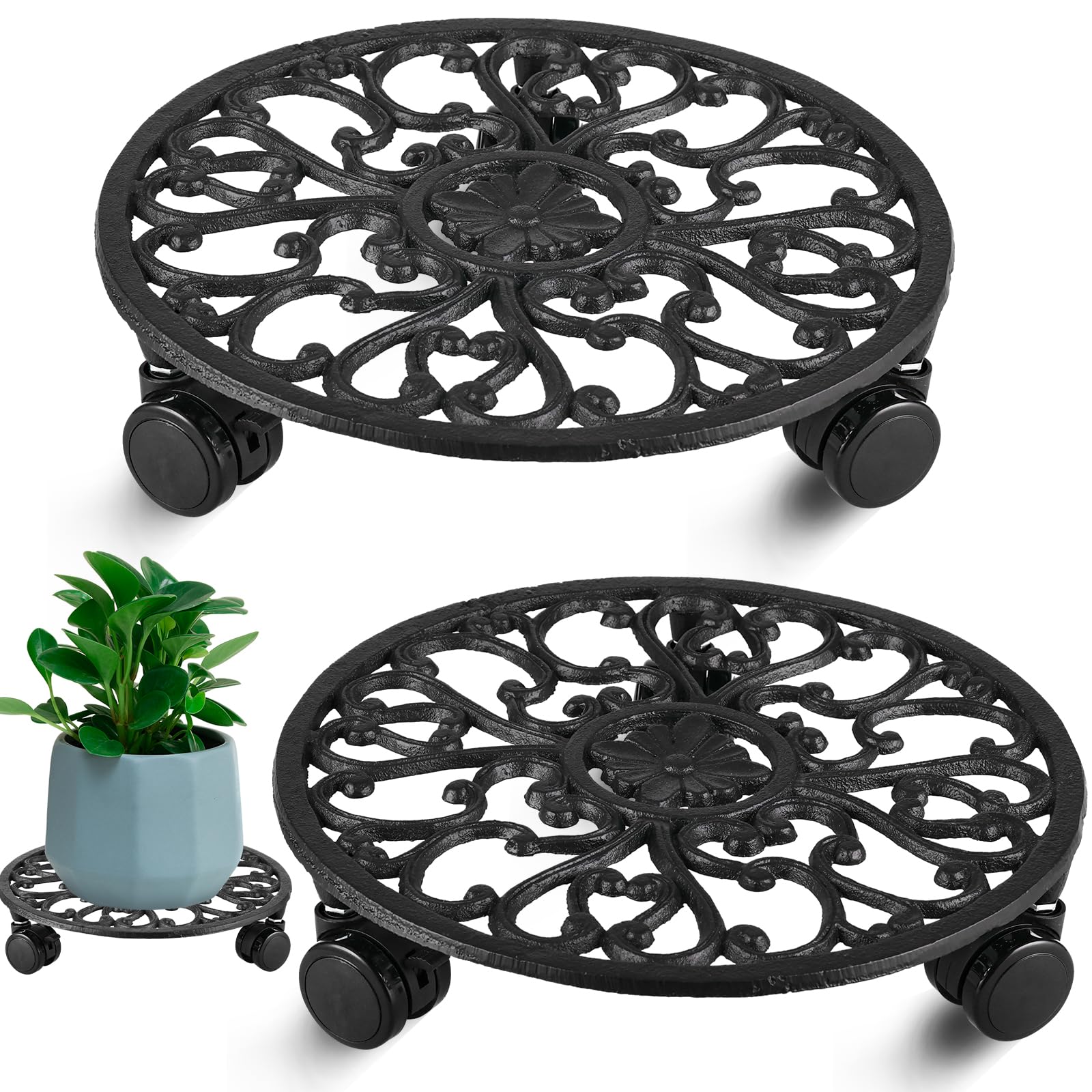 Planterhoma front view of metal plant stand showing sturdy base and tray benefit