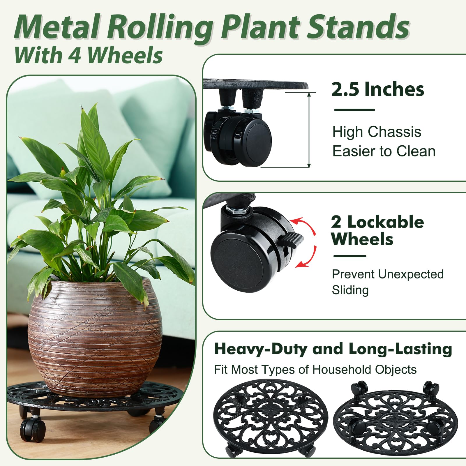 Planterhoma wheel detail showing two locking casters for secure placement