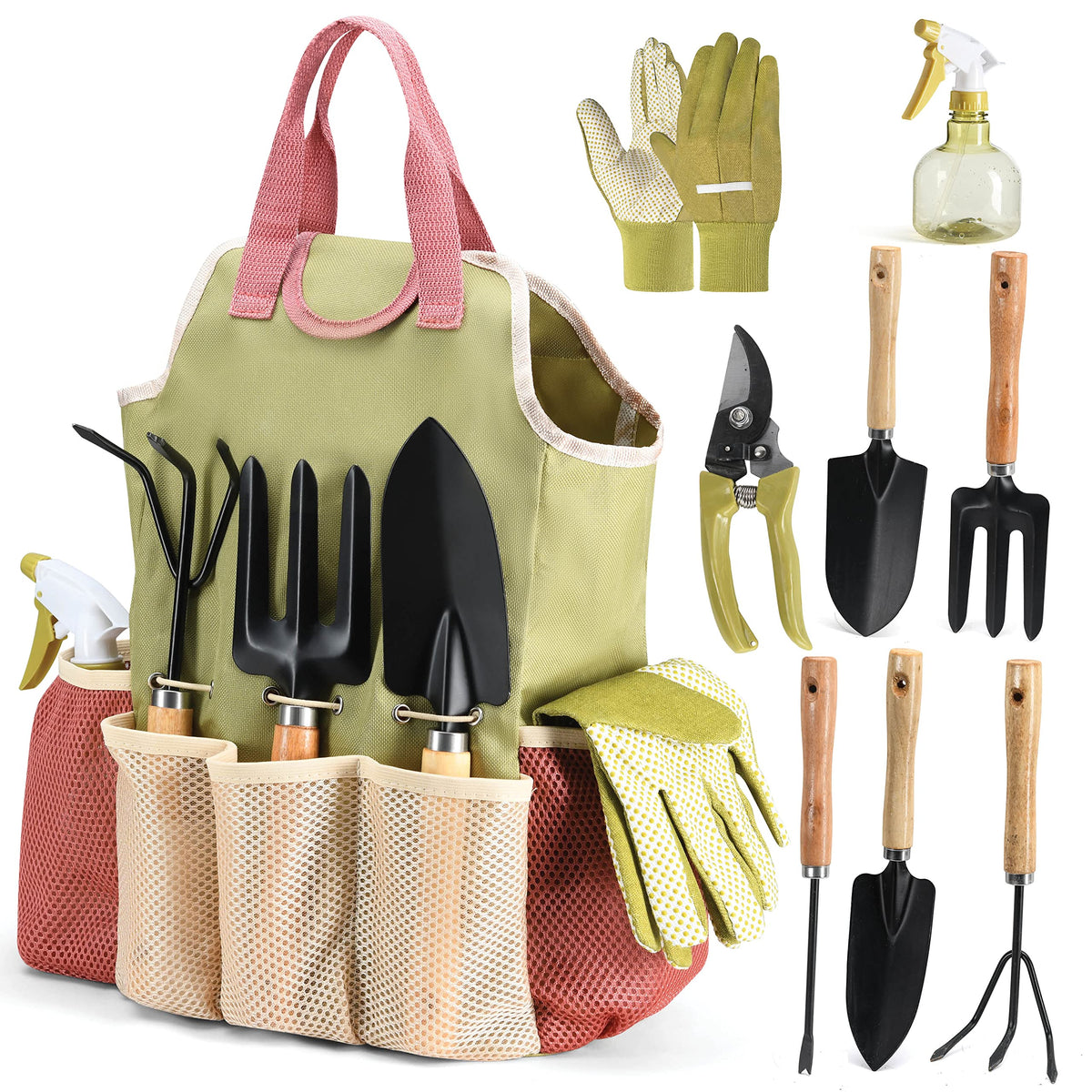 Play22 front view of full gardening tool set and handbag, neatly displayed and gift-ready