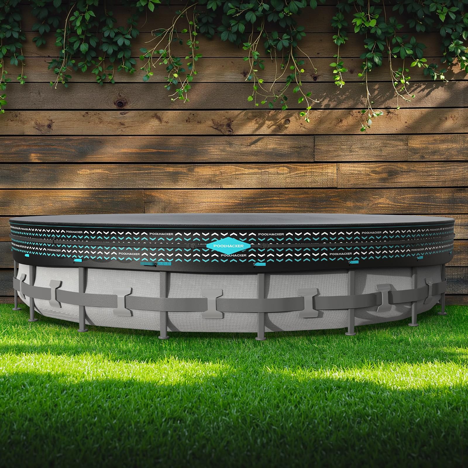 POOLHACKER front view showing full 21ft cover protecting pool