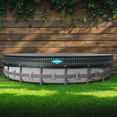 POOLHACKER front view showing full 21ft cover protecting pool