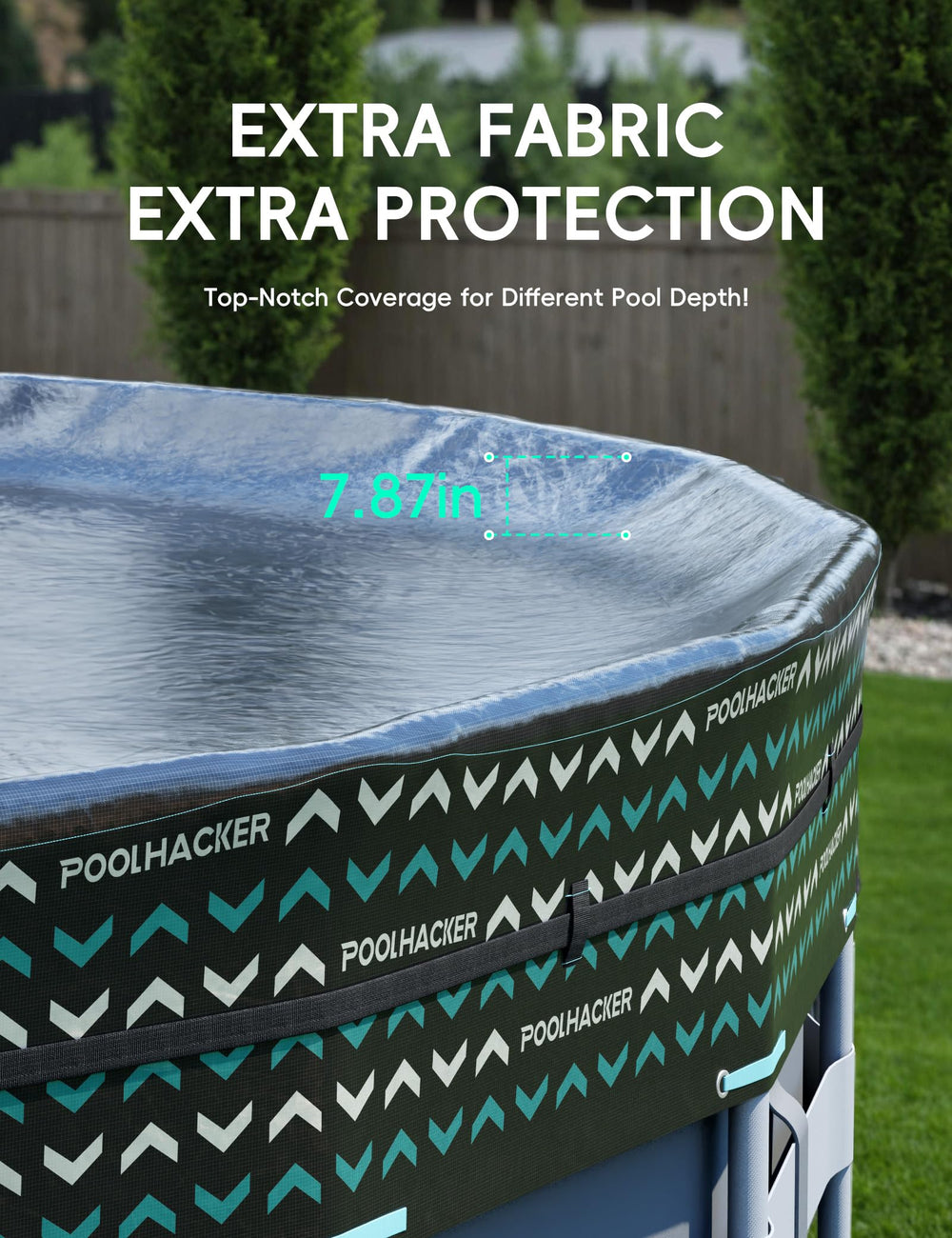 POOLHACKER cover installed on a 21ft above-ground pool, weatherproof benefit