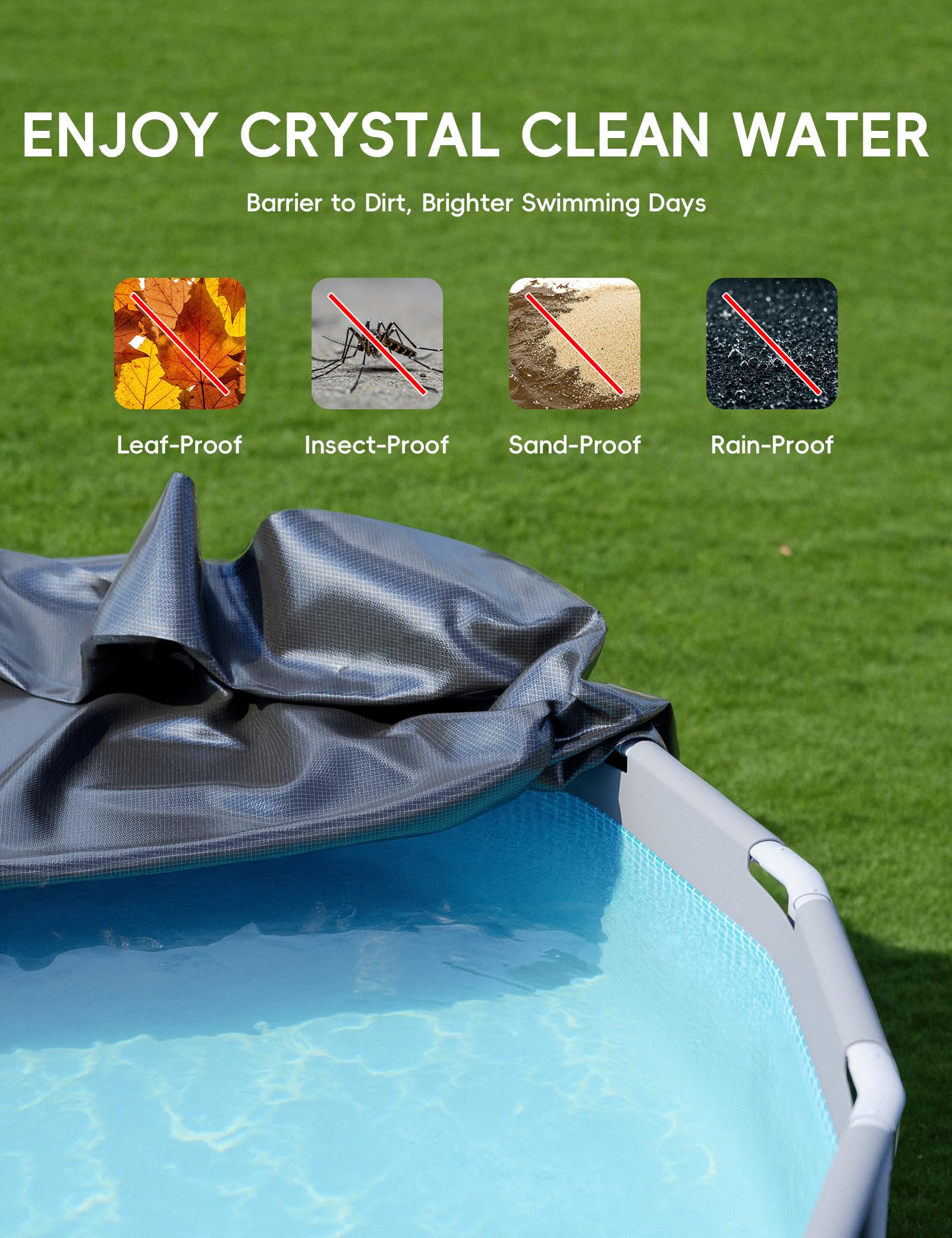 POOLHACKER backyard lifestyle scene showing cleaner, protected pool