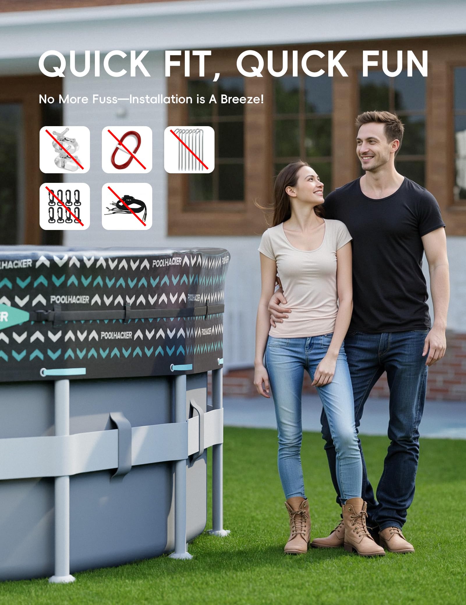 POOLHACKER reinforced seam and overhang for water level flexibility