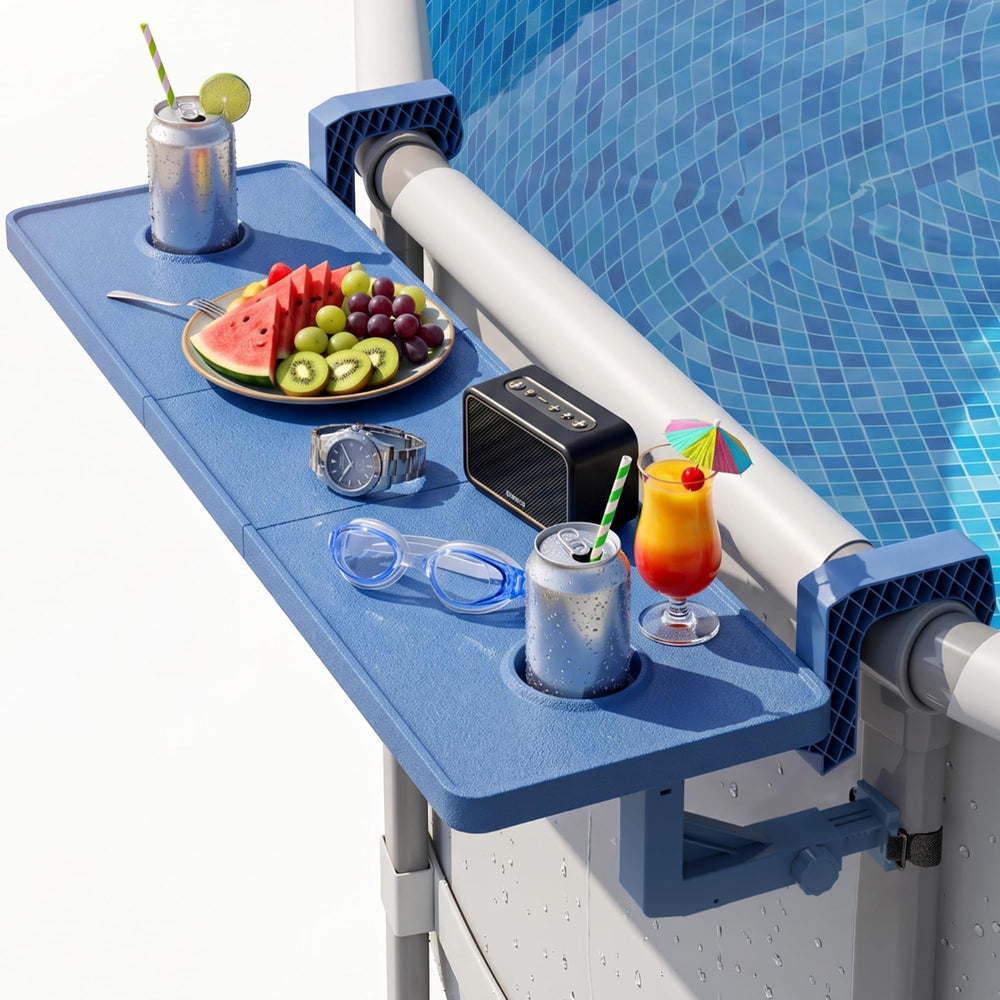 POOLJOYO front view attached to pool showing stable surface and easy access