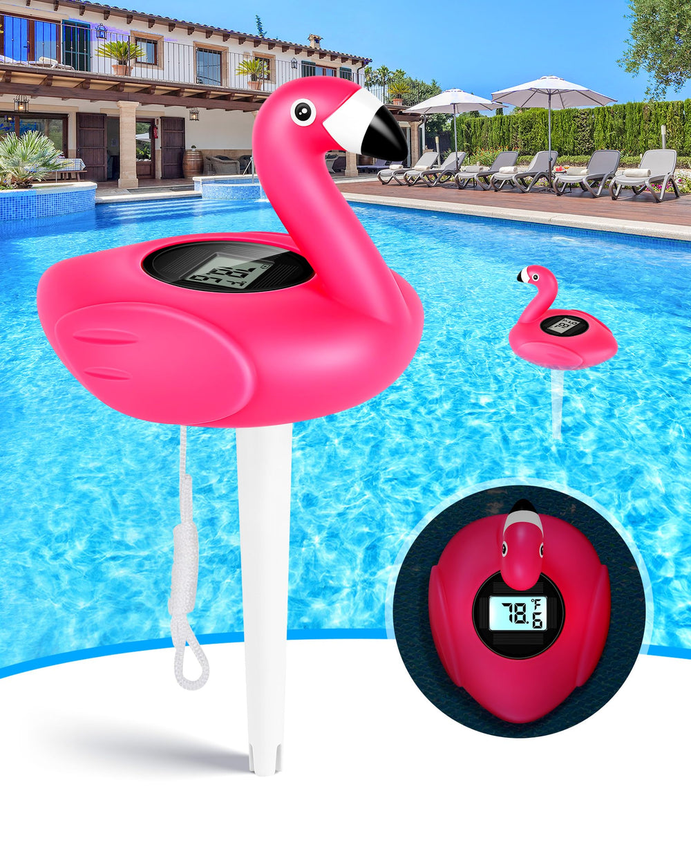 PoolLeader flamingo front view showing readable display and playful design