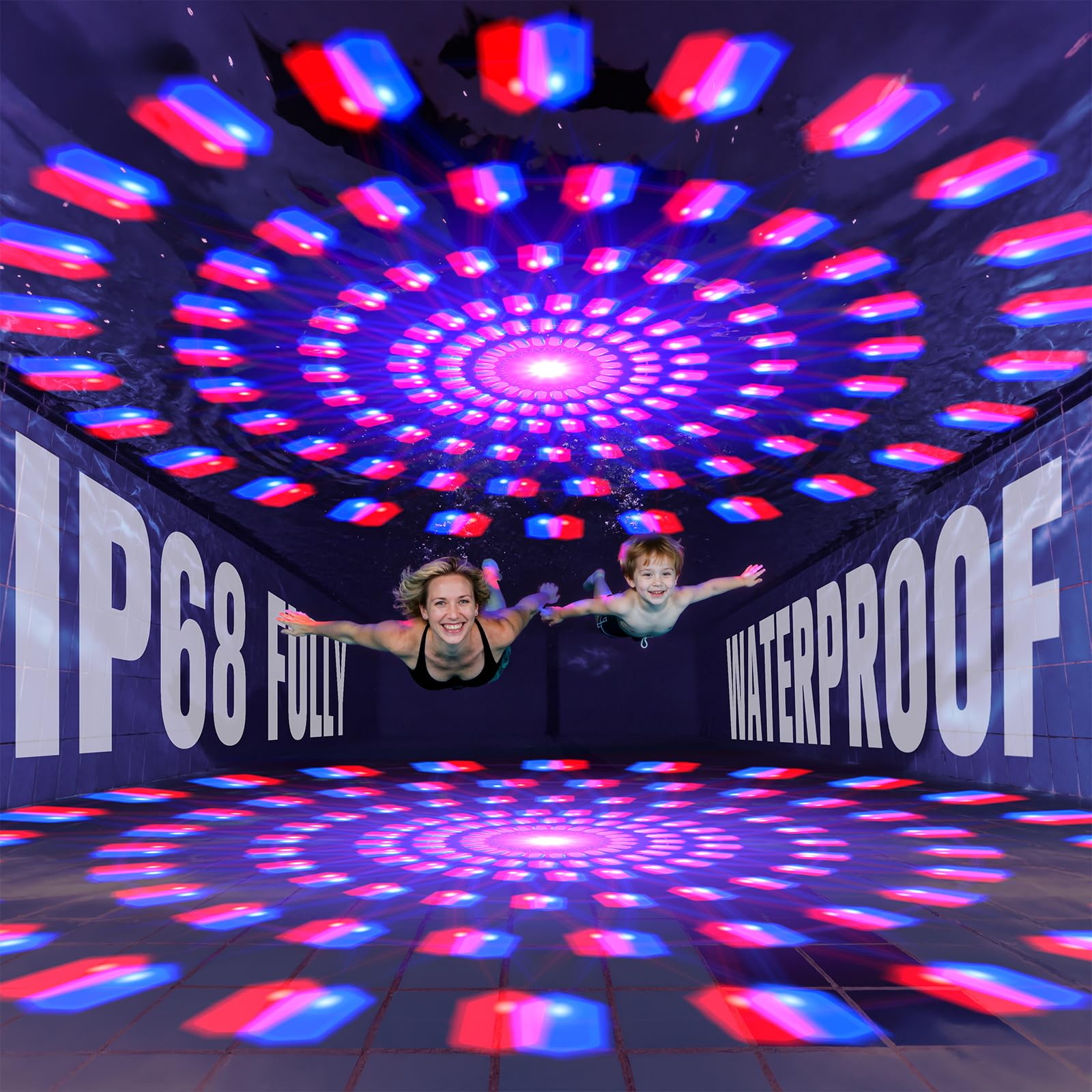 PoolPop in-pool at night with colorful lights creating party ambiance