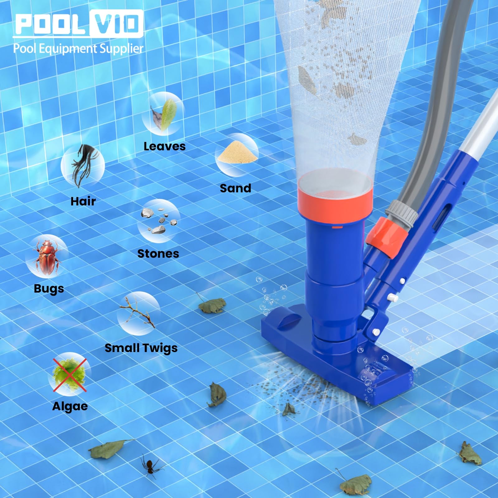 Poolvio cleaning tools attached to pole in pool demonstrating simple tool swapping