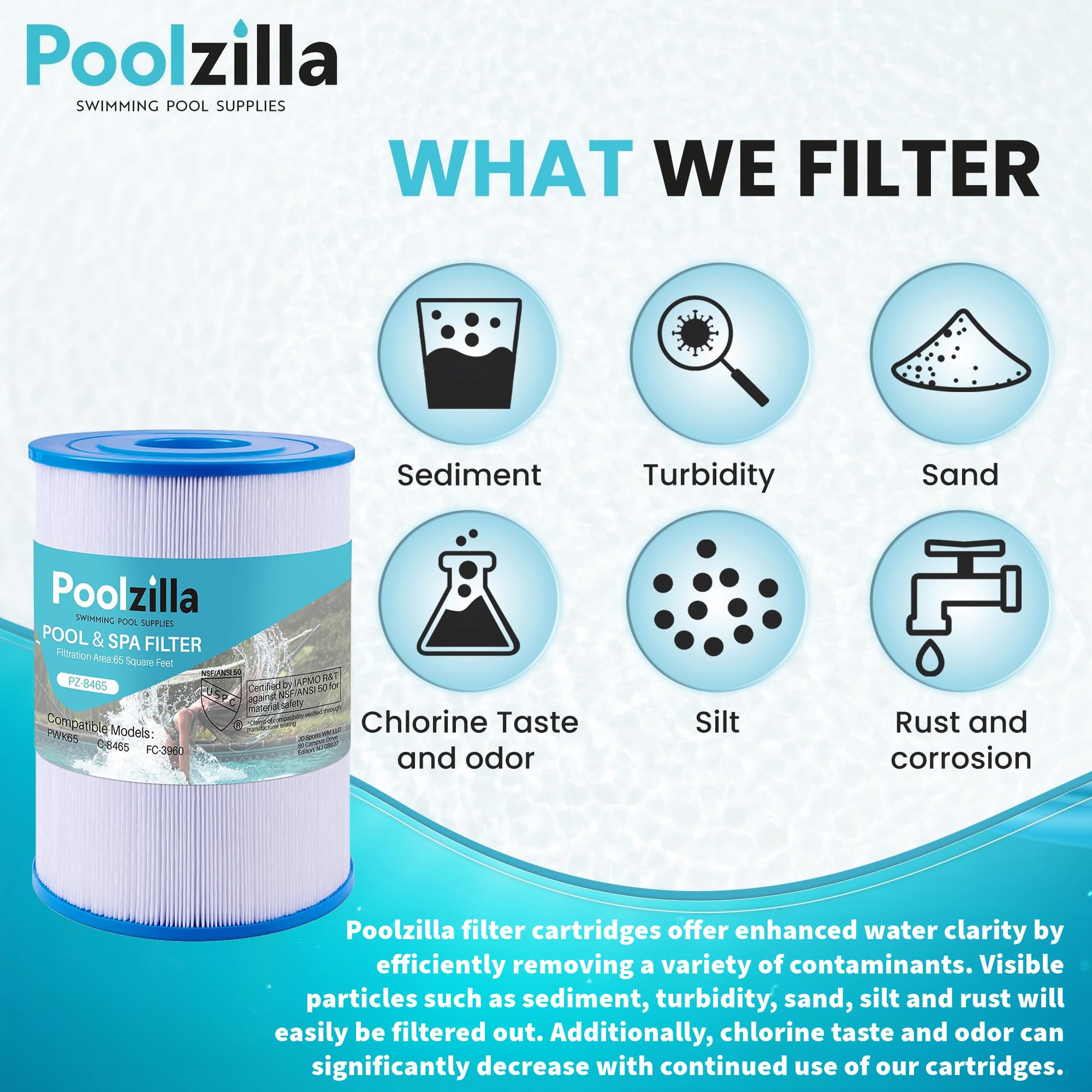 Poolzilla product label listing Watkins and Unicel compatibility for clarity