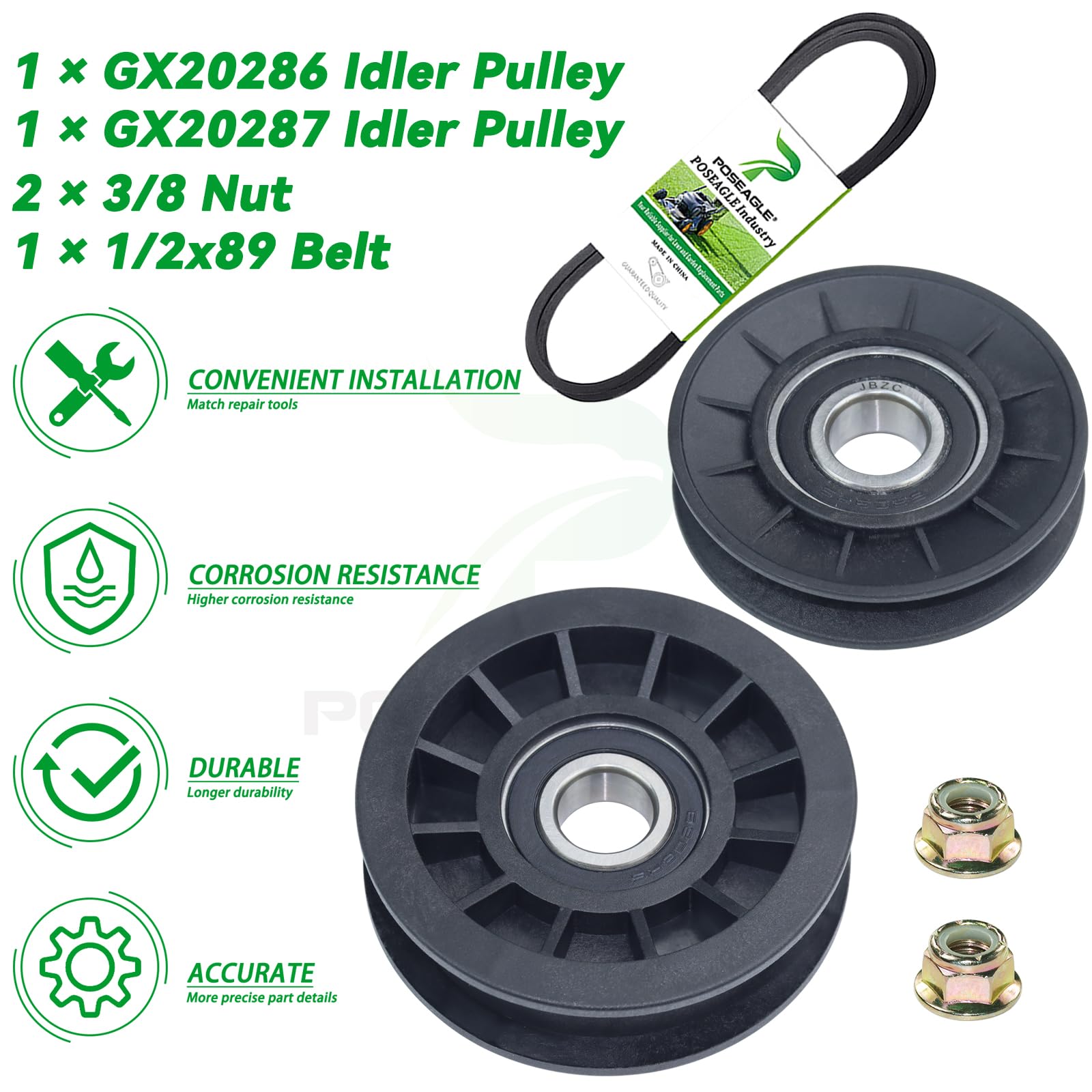 POSEAGLE installed pulleys on lawn tractor showing restored belt tracking and tension