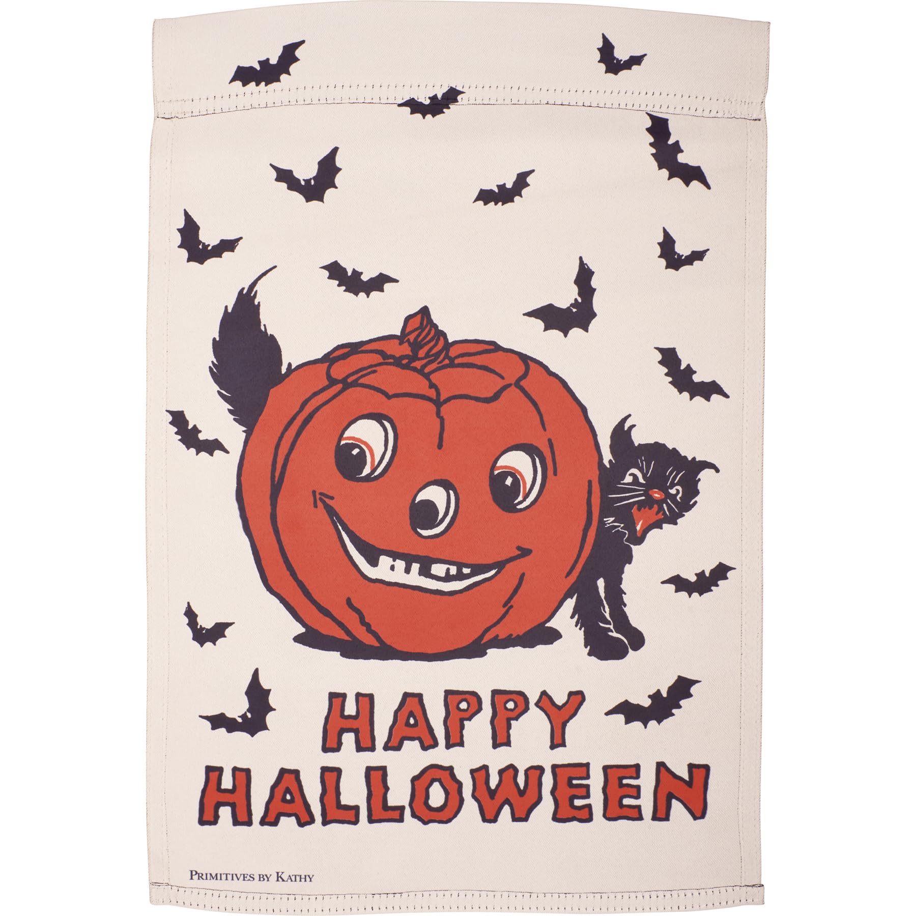 Primitives by Kathy front view of flag showing stacked pumpkins and Happy Halloween message, adds seasonal curb appeal