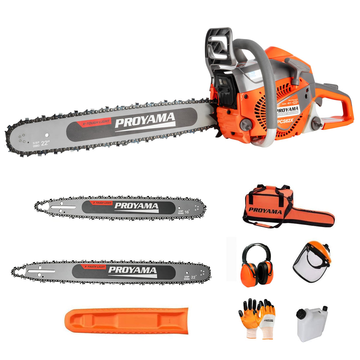PROYAMA front view of chainsaw showing robust build and ready-to-use capability