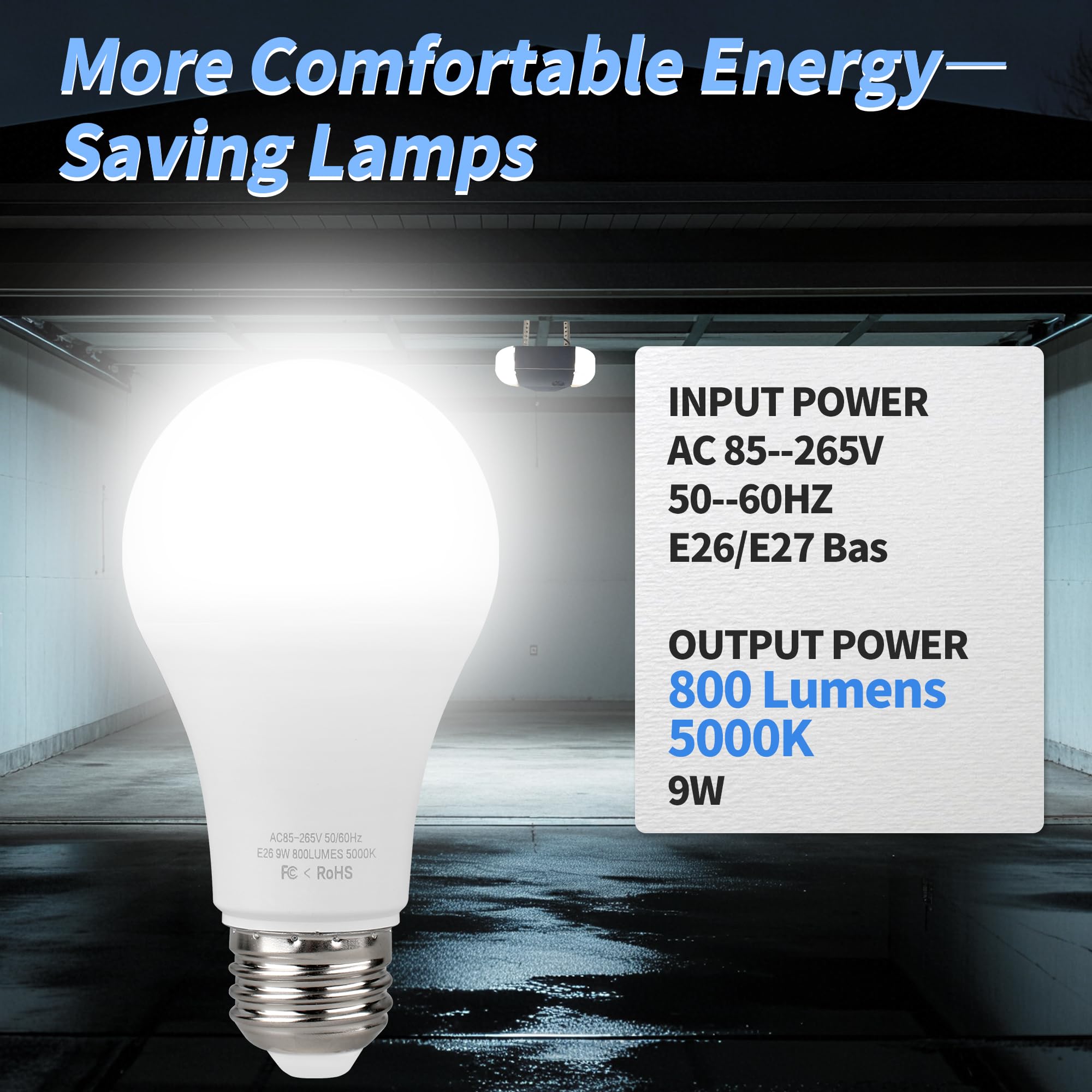 Pulems lit bulbs showing 800 lumen output for clearer garage workspace visibility