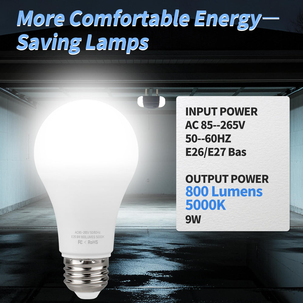 Pulems lit bulbs showing 800 lumen output for clearer garage workspace visibility